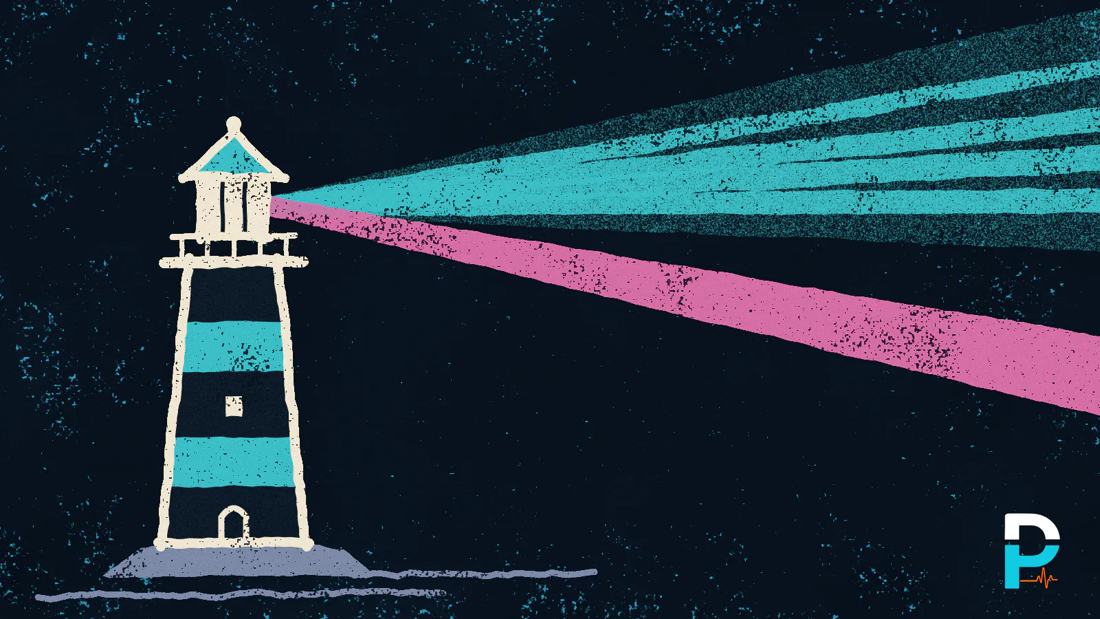 A hand-drawn lighthouse sending several overlapping teal beams in slightly different directions, with one magenta beam straying below them.